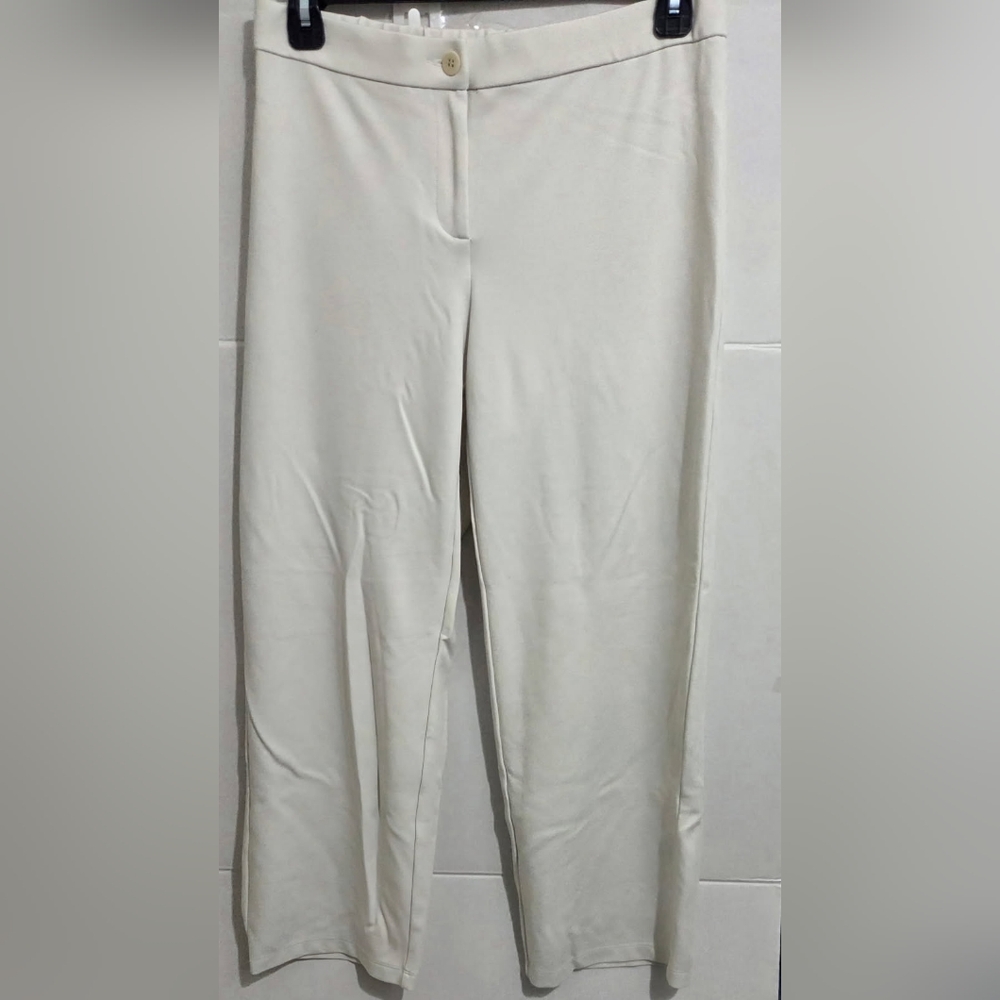Eileen Fisher Dress Pants Womens M White Flare Wide Leg Stretch Zip Beige